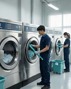 Apewash staff operating commercial washing machines